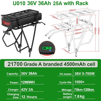 Rear Rack eBike Battery 21700 18650 52V 48V 27Ah 72V 20Ah with Rack no Rack Optional for 1500W 1000W 750W 500W 24" - 28 inch - Bako Bako
