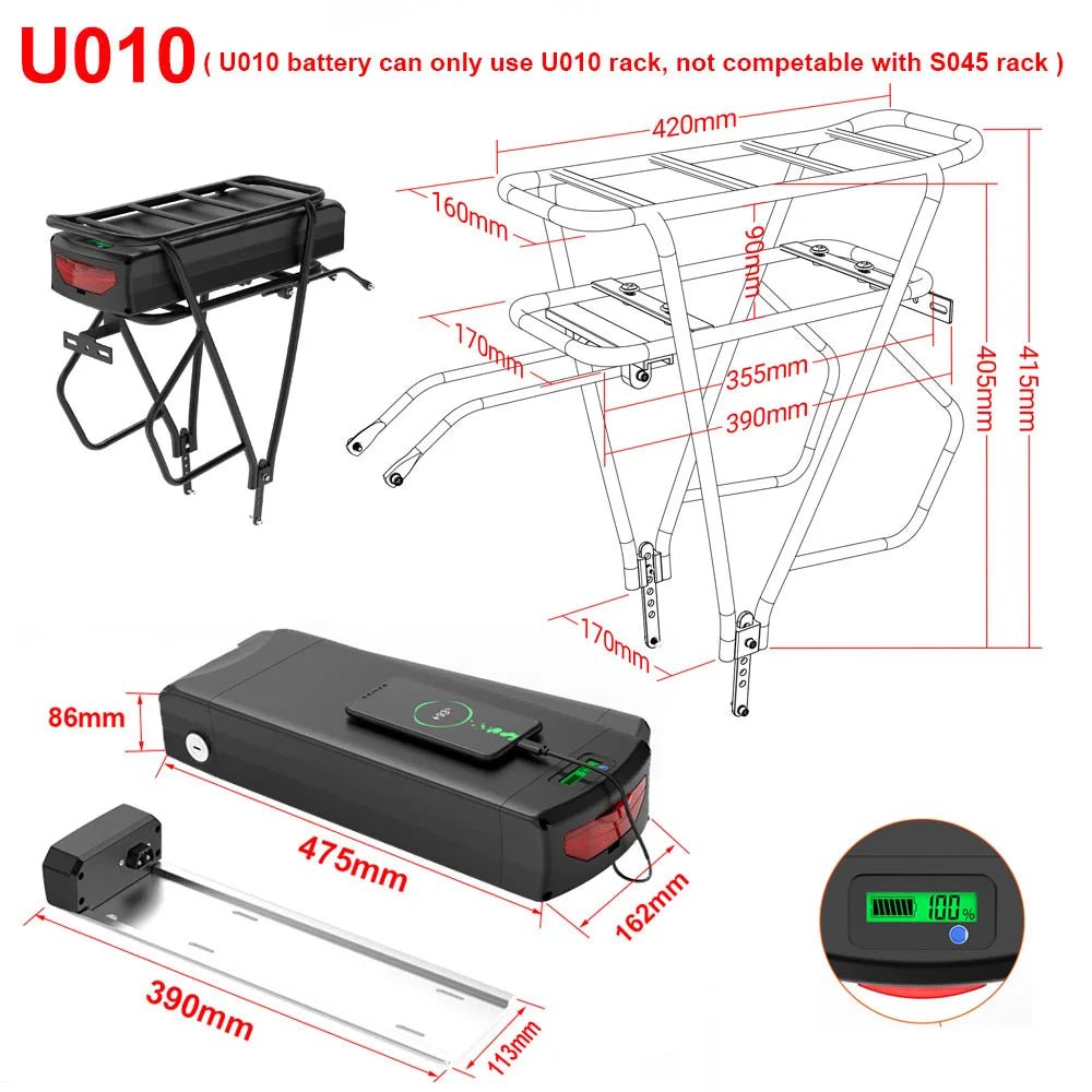 Rear Rack eBike Battery 21700 18650 52V 48V 27Ah 72V 20Ah with Rack no Rack Optional for 1500W 1000W 750W 500W 24" - 28 inch - Bako Bako