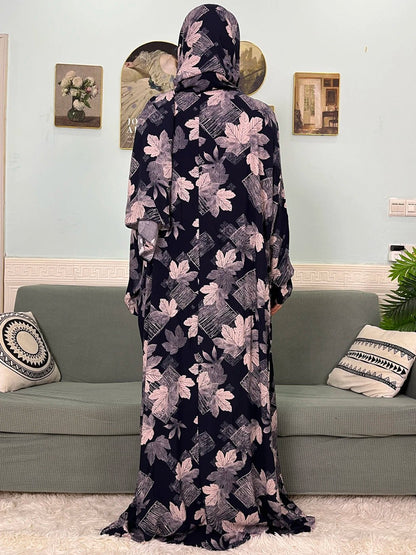 Muslim Cotton Abayas For Women Traditional Floral Ramadan Prayer Garment African Caftan Marocain Femme Robe Connected Headscarf - Bako Bako