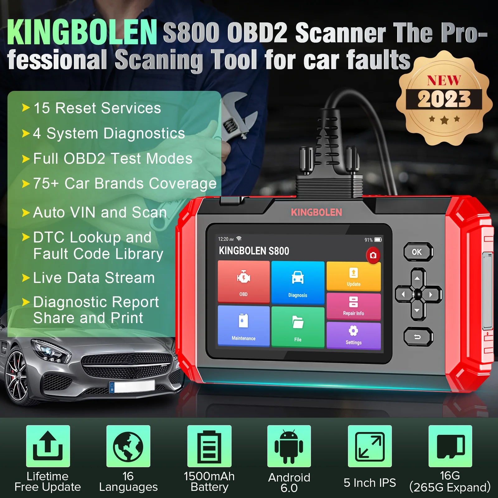 KINGBOLEN S800 4 Systems Engine ABS SRS Transmission OBD2 Scanner 15 Resets Scan Tool EOBD Diagnostic Tool Lifetime Free Update - Bako Bako