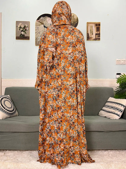 Muslim Cotton Abayas For Women Traditional Floral Ramadan Prayer Garment African Caftan Marocain Femme Robe Connected Headscarf - Bako Bako