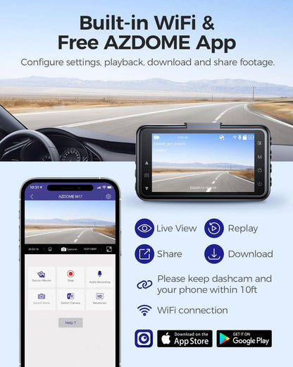AZDOME Dash Cam M17 1080P Front Cam Built - in ADAS GPS Car Camera 24H Parking Monitor Night Vision Car DVR WIFI APP 150°FOV - Bako Bako
