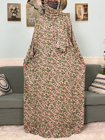 Muslim Cotton Abayas For Women Traditional Floral Ramadan Prayer Garment African Caftan Marocain Femme Robe Connected Headscarf - Bako Bako