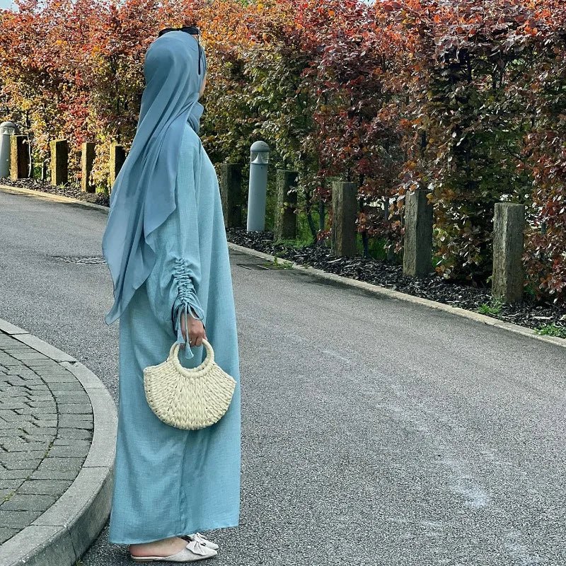 2024 Saudi Arabia Muslim Women Modest Dress Eid Dubai Plain Abaya Islamic Holiday Party Solid Turkey Lace - up Cuffs Long Clothes - Bako Bako