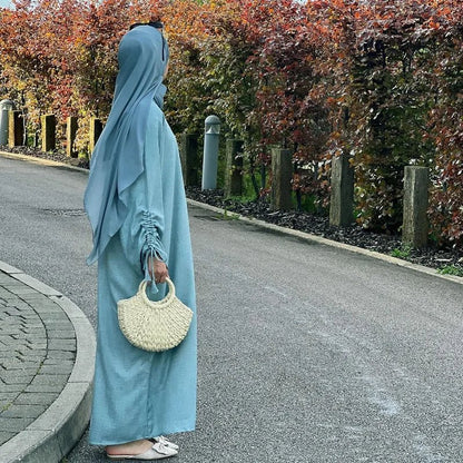 2024 Saudi Arabia Muslim Women Modest Dress Eid Dubai Plain Abaya Islamic Holiday Party Solid Turkey Lace - up Cuffs Long Clothes - Bako Bako