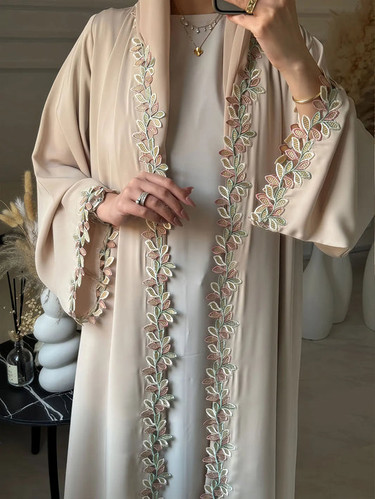 Dubai Elegant Beige Abaya for Muslim Women - Intricately Crafted with Multicolored Embroidery Piece in Islamic Modest Fashion - Bako Bako