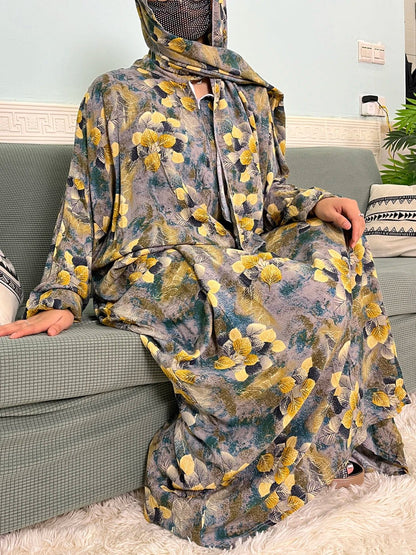 Muslim Cotton Abayas For Women Traditional Floral Ramadan Prayer Garment African Caftan Marocain Femme Robe Connected Headscarf - Bako Bako