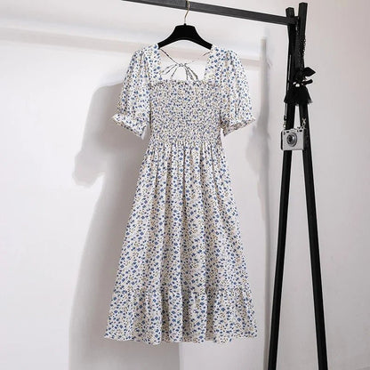 Spring Summer Chiffon Dresses Fashion Female Elastic Waist Short Sleeve Pleated Casual Dress Women A - line Dresses Vestidos - Bako Bako