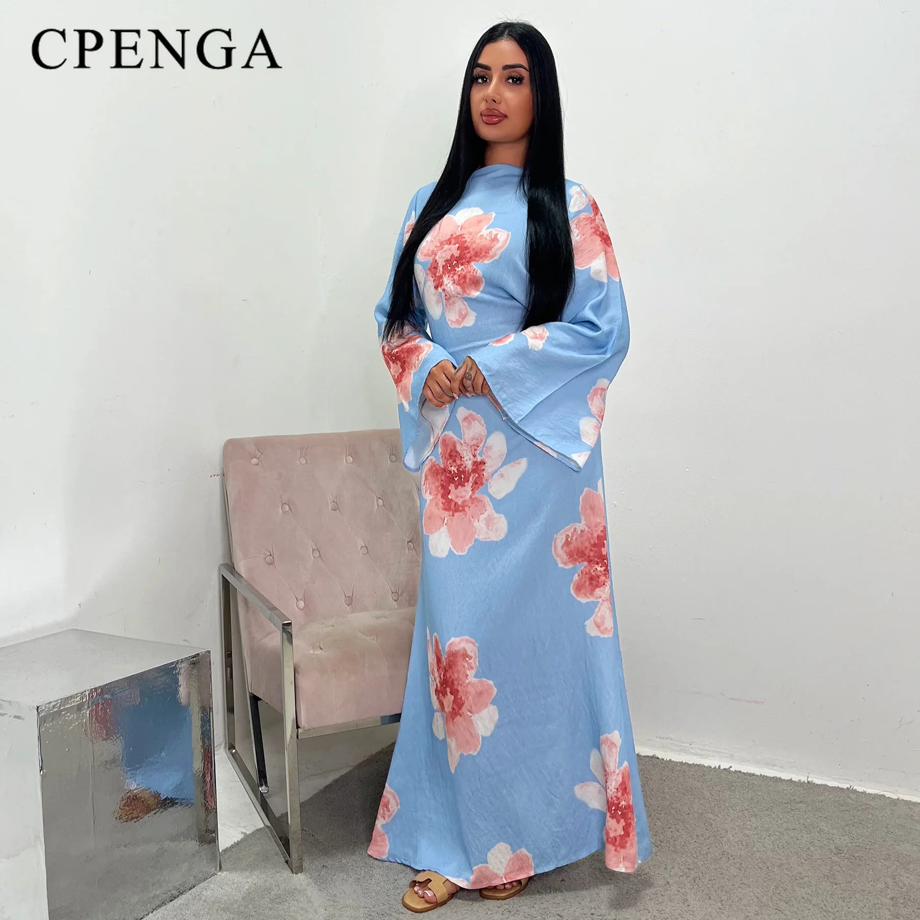 Arabesque Bell Sleeve Flowy Maxi Abaya Dress Elegant Floral Print Muslim Modest Long Dress Islamic Vacation Outfit Summer Robe - Bako Bako