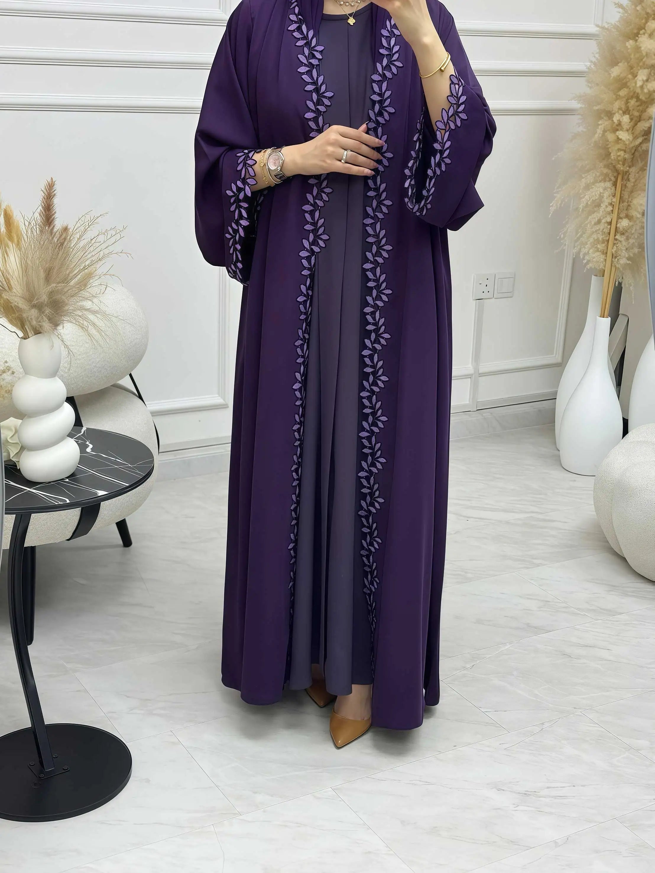 Dubai Elegant Beige Abaya for Muslim Women - Intricately Crafted with Multicolored Embroidery Piece in Islamic Modest Fashion - Bako Bako