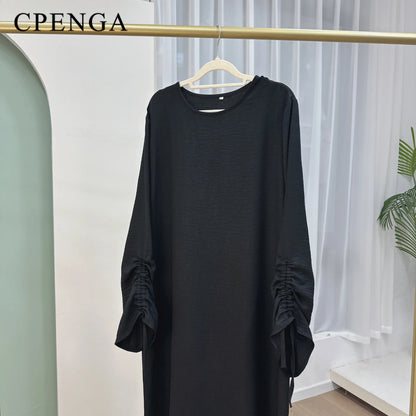 2024 Saudi Arabia Muslim Women Modest Dress Eid Dubai Plain Abaya Islamic Holiday Party Solid Turkey Lace - up Cuffs Long Clothes - Bako Bako