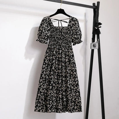 Spring Summer Chiffon Dresses Fashion Female Elastic Waist Short Sleeve Pleated Casual Dress Women A - line Dresses Vestidos - Bako Bako