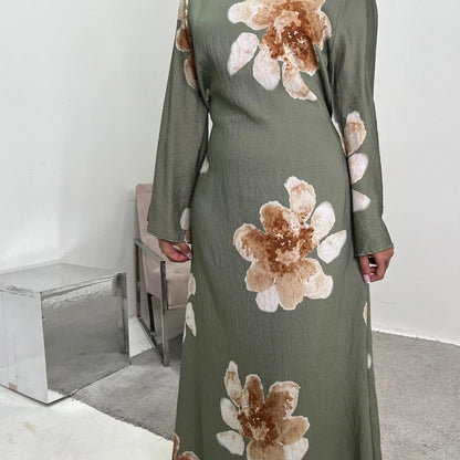 Arabesque Bell Sleeve Flowy Maxi Abaya Dress Elegant Floral Print Muslim Modest Long Dress Islamic Vacation Outfit Summer Robe - Bako Bako