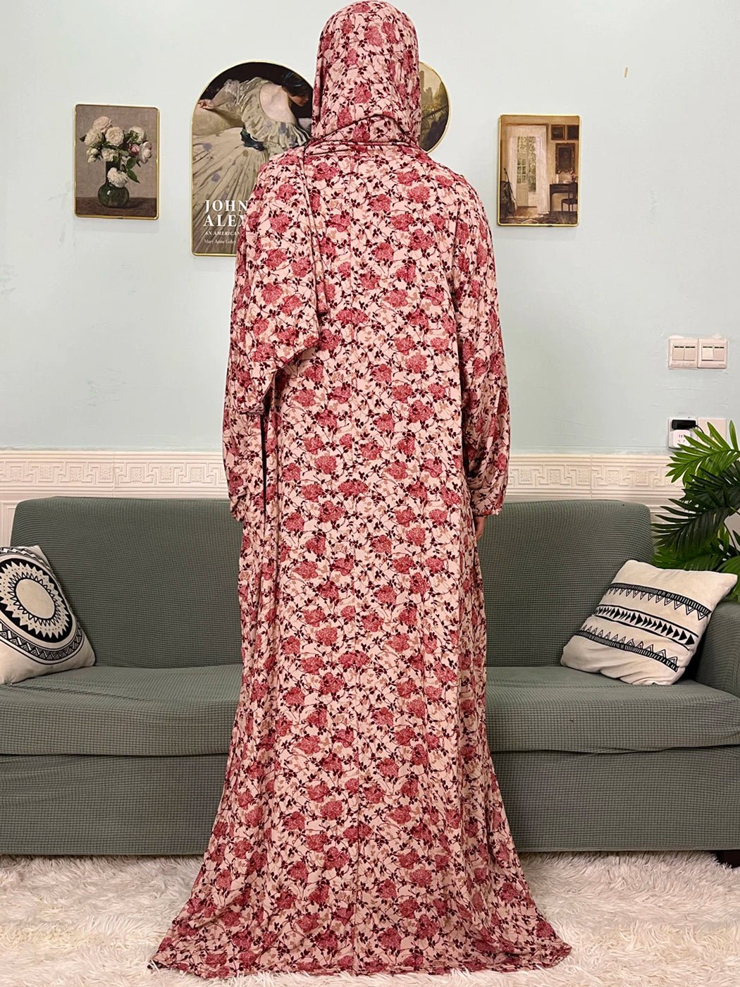Muslim Cotton Abayas For Women Traditional Floral Ramadan Prayer Garment African Caftan Marocain Femme Robe Connected Headscarf - Bako Bako