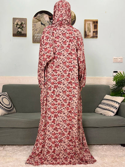 Muslim Cotton Abayas For Women Traditional Floral Ramadan Prayer Garment African Caftan Marocain Femme Robe Connected Headscarf - Bako Bako