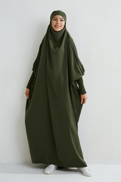 Muslim Abaya Hooded Smocking Sleeve One - piece Prayer Dress Women Jilbab Islamic Clothing Dubai Saudi Black Robe Turkish Modesty - Bako Bako