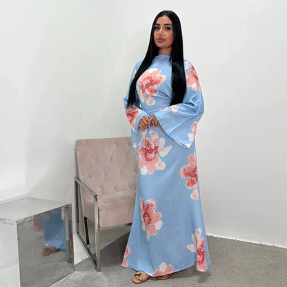 Arabesque Bell Sleeve Flowy Maxi Abaya Dress Elegant Floral Print Muslim Modest Long Dress Islamic Vacation Outfit Summer Robe - Bako Bako