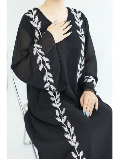 Eid Muslim Abaya for Women Embroidery Dress with Scarf 2 Piece Set Dubai Arab Long Robe Morocco Abayas Kaftan Headscarf Gorgeous - Bako Bako