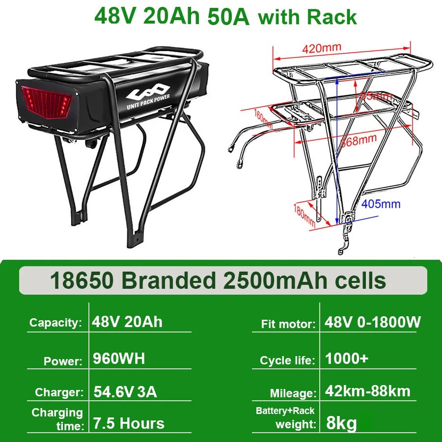 Rear Rack eBike Battery 21700 18650 52V 48V 27Ah 72V 20Ah with Rack no Rack Optional for 1500W 1000W 750W 500W 24" - 28 inch - Bako Bako
