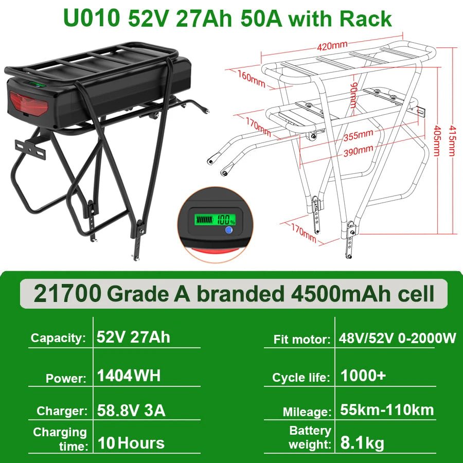 Rear Rack eBike Battery 21700 18650 52V 48V 27Ah 72V 20Ah with Rack no Rack Optional for 1500W 1000W 750W 500W 24" - 28 inch - Bako Bako