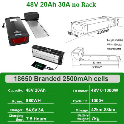 Rear Rack eBike Battery 21700 18650 52V 48V 27Ah 72V 20Ah with Rack no Rack Optional for 1500W 1000W 750W 500W 24" - 28 inch - Bako Bako