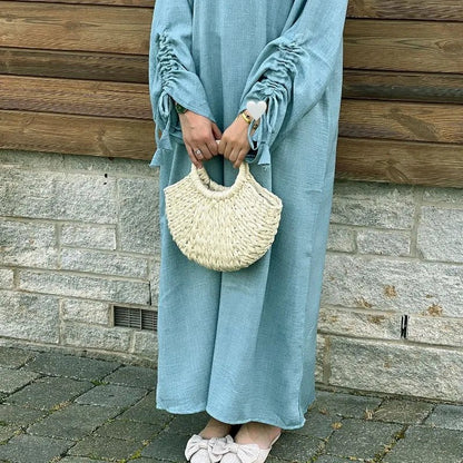 2024 Saudi Arabia Muslim Women Modest Dress Eid Dubai Plain Abaya Islamic Holiday Party Solid Turkey Lace - up Cuffs Long Clothes - Bako Bako