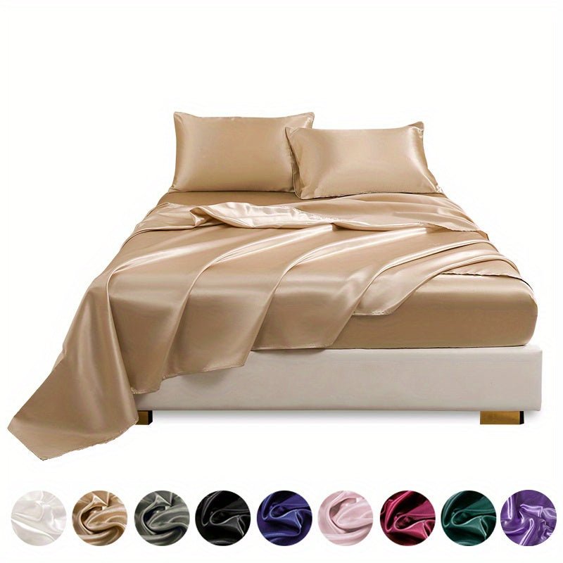 This 4pcs Satin Bed Sheet Set Includes One Fitted Sheet, One Flat Sheet, And Two Pillowcases Without Inserts. The Solid Color Showcases a Simple And Elegant Design That Never Goes Out of Style. Made from Polyester, The Fabric - Bako Bako