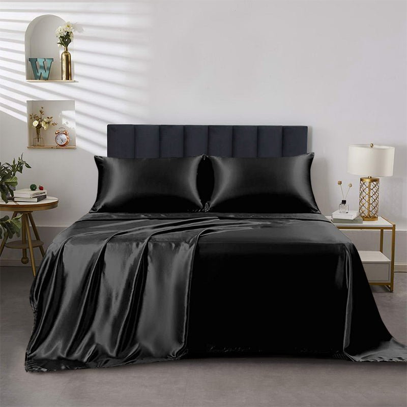 This 4pcs Satin Bed Sheet Set Includes One Fitted Sheet, One Flat Sheet, And Two Pillowcases Without Inserts. The Solid Color Showcases a Simple And Elegant Design That Never Goes Out of Style. Made from Polyester, The Fabric - Bako Bako