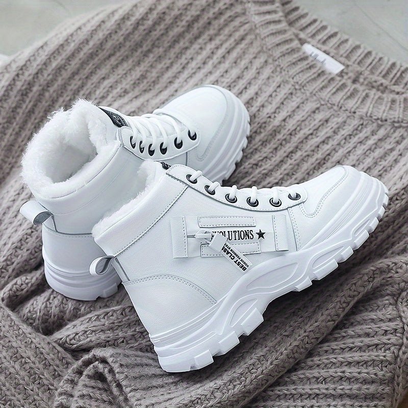 [Warm Fleece - Lined Winter Boots] Warm Fleece - Lined Women's Winter High - Top Boots - Thick Rubber Sole, Lace - Up Casual Style, White & Beige, Perfect for Cold Weather Comfort - Bako Bako