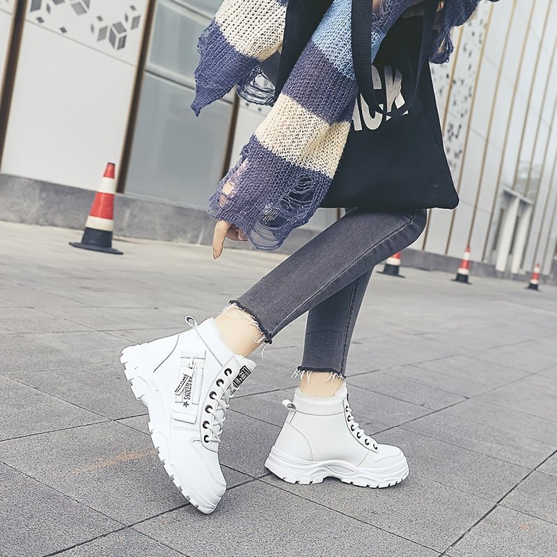 [Warm Fleece - Lined Winter Boots] Warm Fleece - Lined Women's Winter High - Top Boots - Thick Rubber Sole, Lace - Up Casual Style, White & Beige, Perfect for Cold Weather Comfort - Bako Bako