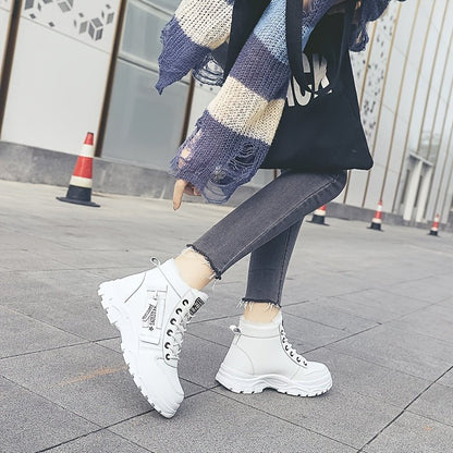 [Warm Fleece - Lined Winter Boots] Warm Fleece - Lined Women's Winter High - Top Boots - Thick Rubber Sole, Lace - Up Casual Style, White & Beige, Perfect for Cold Weather Comfort - Bako Bako