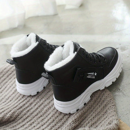 [Warm Fleece - Lined Winter Boots] Warm Fleece - Lined Women's Winter High - Top Boots - Thick Rubber Sole, Lace - Up Casual Style, White & Beige, Perfect for Cold Weather Comfort - Bako Bako