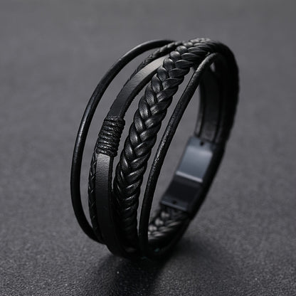 1pc Men's Hand - Woven Multi - Layer Leather Bracelet with Buckle Closure - Stylish Faux Leather Cuff, Durable & Versatile Accessory for Casual or Formal Wear - Bako Bako