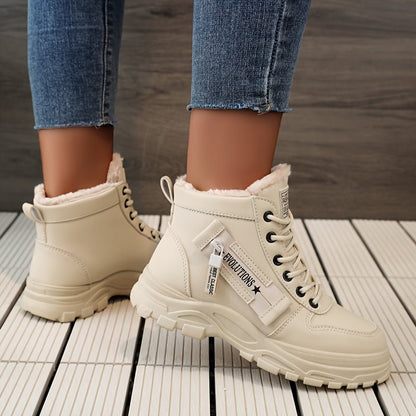 [Warm Fleece - Lined Winter Boots] Warm Fleece - Lined Women's Winter High - Top Boots - Thick Rubber Sole, Lace - Up Casual Style, White & Beige, Perfect for Cold Weather Comfort - Bako Bako