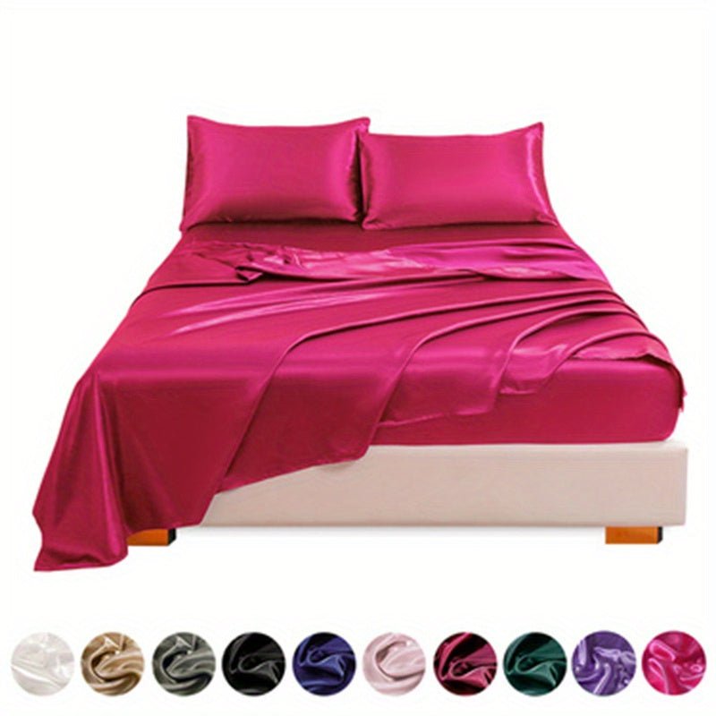 This 4pcs Satin Bed Sheet Set Includes One Fitted Sheet, One Flat Sheet, And Two Pillowcases Without Inserts. The Solid Color Showcases a Simple And Elegant Design That Never Goes Out of Style. Made from Polyester, The Fabric - Bako Bako