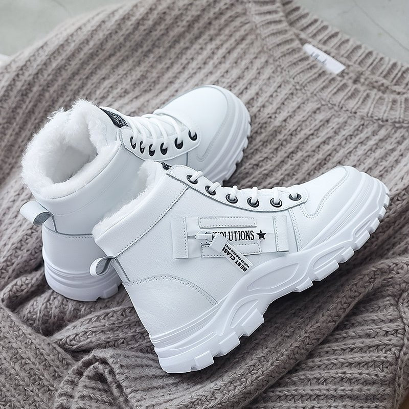 [Warm Fleece - Lined Winter Boots] Warm Fleece - Lined Women's Winter High - Top Boots - Thick Rubber Sole, Lace - Up Casual Style, White & Beige, Perfect for Cold Weather Comfort - Bako Bako