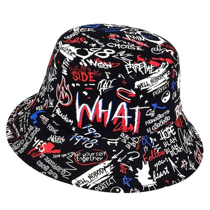1 Men's "What" Graffiti - Style Bucket Hat - Streetwear Polyester, Hand - Washable, Black with Colorful Typography & Graphics, Perfect for Trendy Outfits - Bako Bako