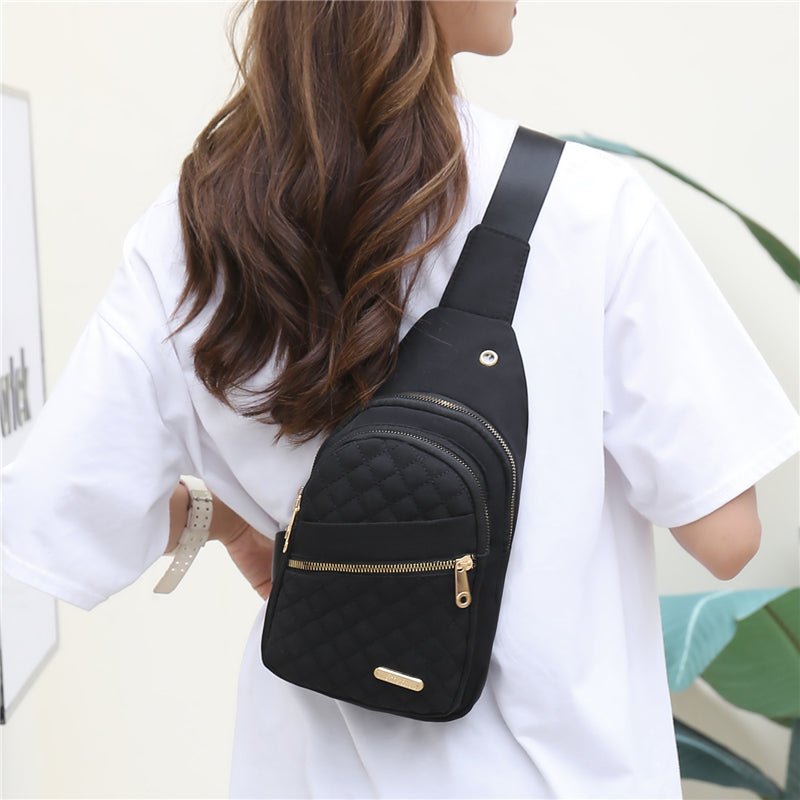 Large Capacity Chest Bag for Women - Adjustable Embroidered Crossbody Bag with Zipper Closure, Polyester Lining, Foldable, and Random Printing - Urban Solid Color Nylon Bag with Comfortable Strap - Bako Bako