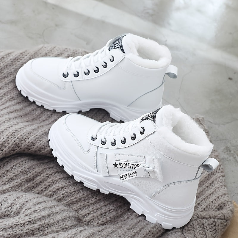 [Warm Fleece - Lined Winter Boots] Warm Fleece - Lined Women's Winter High - Top Boots - Thick Rubber Sole, Lace - Up Casual Style, White & Beige, Perfect for Cold Weather Comfort - Bako Bako